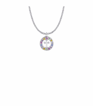 3/4 Inch Silver Plated Open Circle Necklace with Colored Glass Stones and Inner Cross