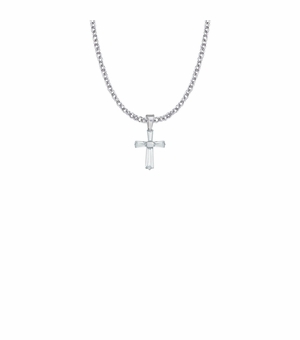 3/4 Inch Sterling Silver and Glass Crystal April Birthstone Baguette Cross Necklace