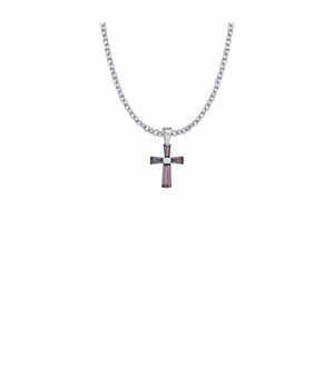 3/4 Inch Sterling Silver and Glass Crystal February Birthstone Baguette Cross Necklace