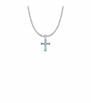 3/4 Inch Sterling Silver and Glass Crystal March Birthstone Baguette Cross Necklace