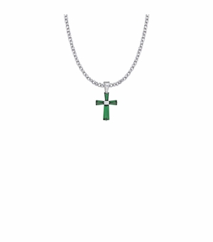 3/4 Inch Sterling Silver and Glass Crystal May Birthstone Baguette Cross Necklace