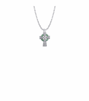 3/4 Inch Sterling Silver Celtic Cross with Green Enamel Detail Baby Cross Necklace