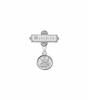 3/4 Inch Sterling Silver Guardian Angel Medal with Godchild Engraving Baby Bar Pin
