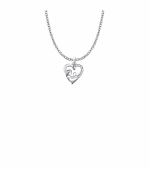 3/4 Inch Sterling Silver Mother and Child Heart Necklace with Crystal Cubic Zirconia Stones