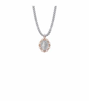 3/4 Inch Sterling Silver Oval Miraculous Medal with Rose Filigree Decorative Border