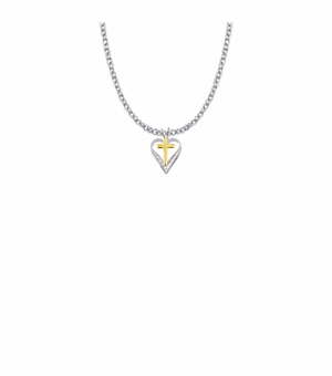 3/4 Inch Two-Tone Sterling Silver Cross and Heart Necklace