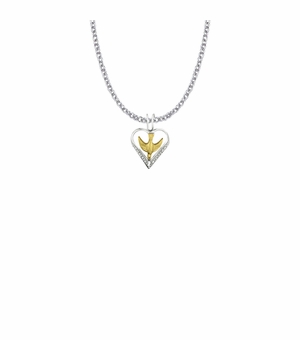3/4 Inch Two-Tone Sterling Silver Dove and Filigree Heart Necklace
