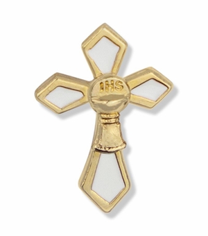 3/4 x 1/2 Inch Gold and Enameled Cross with Chalice Lapel Pin