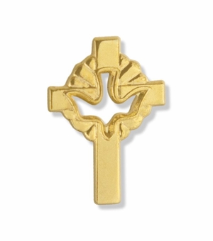 3/4 x 1/2 Inch Gold Pierced Descending Dove and Cross Lapel Pin