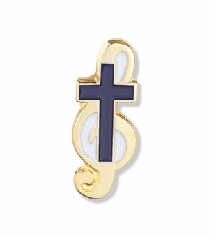 3/4 x 1/4 Inch Gold Enameled Music Cross Lapel Pin