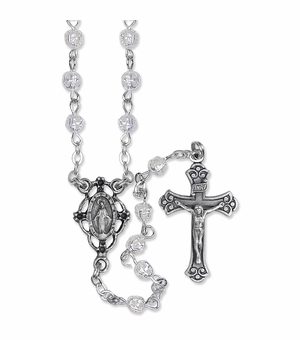 3.5mm Silver Plated Filagree Bead Rosary with Crucifix and Miraculous Center