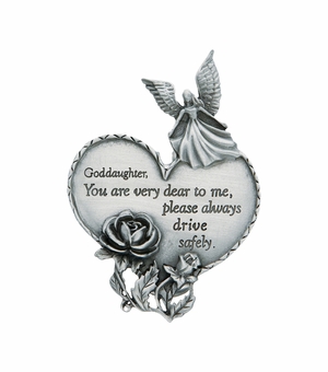 3-7/8 x 1-7/8 Inch Fine Pewter Goddaughter "Drive Safely" Heart and Angel Visor Clip