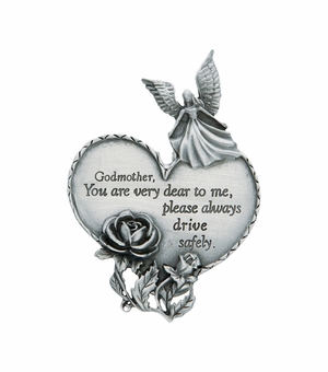 3-7/8 x 1-7/8 Inch Fine Pewter Godmother "Drive Safely" Heart and Angel Visor Clip