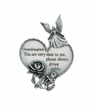3-7/8 x 1-7/8 Inch Fine Pewter Granddaughter "Drive Safely" Heart and Angel Visor Clip