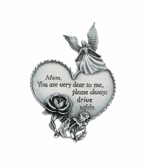3-7/8 x 1-7/8 Inch Fine Pewter Mom "Drive Safely" Heart and Angel Visor Clip