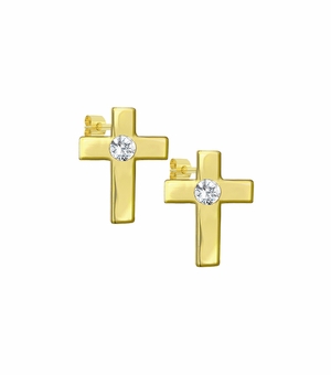 3/8 Inch 14K Gold Plated Over Sterling Silver Cross Earrings with Cubic Zirconia Stone Center