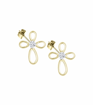 3/8 Inch 14K Gold Plated Over Sterling Silver Loop Cross Earrings with Cubic Zirconia Stone Center