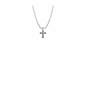 3/8 Inch Sterling Silver and Glass Crystal February Birthstone Baguette Cross Baby Necklace
