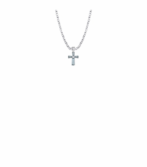 3/8 Inch Sterling Silver and Glass Crystal March Birthstone Baguette Cross Baby Necklace