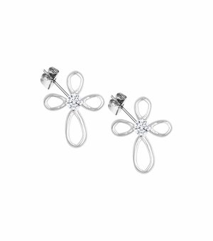 3/8 Inch Sterling Silver Loop Cross Earrings with Cubic Zirconia Stone Center