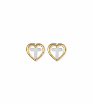 3/8 Inch Two-Tone 14KT Gold Plated  Over Sterling Silver Heart Cross Earrings