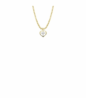 3/8 Inch Two-Tone 18KT Gold Plated Over Sterling Silver Heart with Cross Baby Necklace