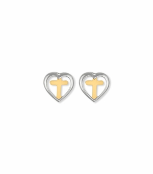 3/8 Inch Two-Tone Sterling Silver Heart Cross Earrings