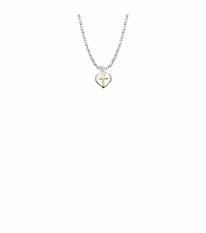 3/8 Inch Two-Tone Sterling Silver Heart with Cross Baby Necklace