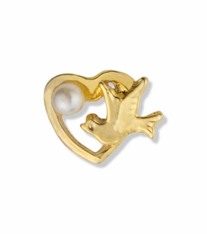 3/8 x 1/2 Inch Gold Open Heart with Ascending Dove and Imitation Pearl