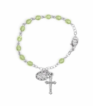 3mm August Peridot Birthstone Rosary Beads Baby Bracelet with Miraculous and Crucifix Charms