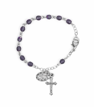 3mm February Rosary Baby Bracelet with Miraculous and Crucifix Charms
