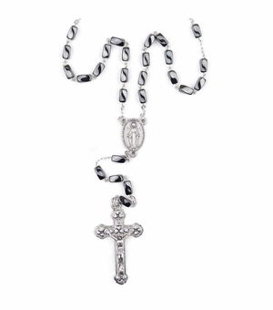 3mm Hematite Oval Faceted Beads Rosary with Crucifix and Madonna Center