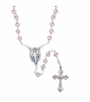 3mm Pink Heart Beads Rosary with Crucifix and Miraculous Center