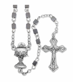 3mm Square Hematite Beads Rosary with Crucifix and Chalice Center