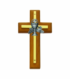 4-1/2 Inch Brass and Wood Wall Cross with Centered Pewter Chalice