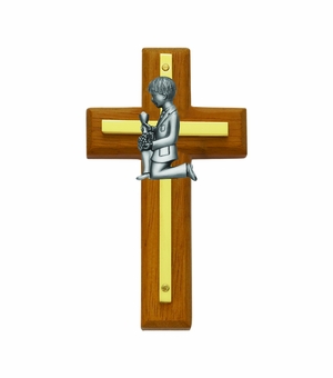 4-1/2 Inch Brass and Wood Wall Cross with Centered Pewter First Communion Boy