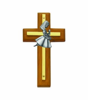 4-1/2 Inch Brass and Wood Wall Cross with Centered Pewter First Communion Girl