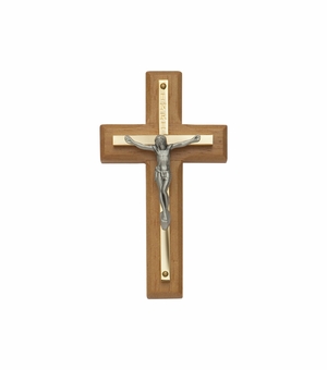 4-1/2 Inch Oak Wood and Brass Wall Crucifix with Antiqued Pewter Corpus