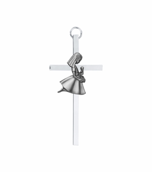4-1/2 Inch Silver Enameled Wall Cross with Centered Kneeling First Communion Girl