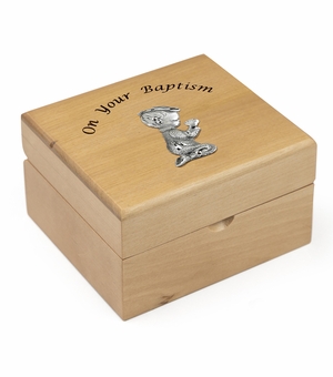 4-3/4 x 4-1/4 x 2-3/4 Inch Baby Boy Baptism Maple Wood Keepsake Box