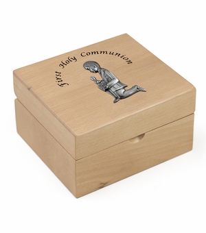 4-3/4 x 4-1/4 x 2-3/4 Inch Boy First Communion Maple Wood Keepsake Box