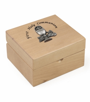 4-3/4 x 4-1/4 x 2-3/4 Inch First Holy Communion Maple Wood Keepsake Box