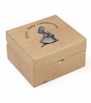 4-3/4 x 4-1/4 x 2-3/4 Inch Girl First Communion Maple Wood Keepsake Box