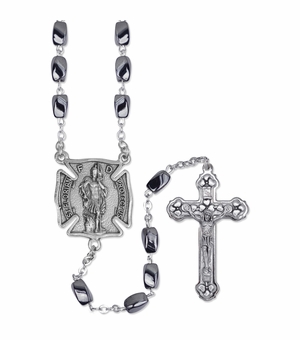 4.5mm Hematite Beads Rosary with Crucifix and St. Florian Center