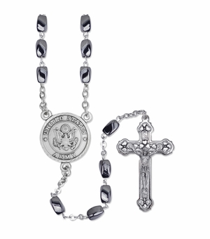 4.5mm Hematite Beads Rosary with Crucifix and U.S. Army Center