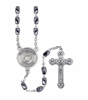 4.5mm Hematite Beads Rosary with Crucifix and U.S. Marine Corps Center
