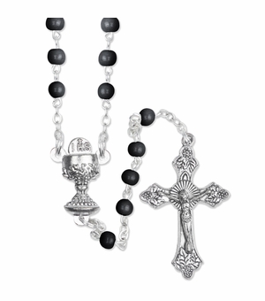 4.5mm Round Black Glass Beads Rosary with Crucifix and Chalice Center
