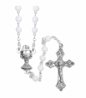 4.5mm Round White Glass Beads Rosary with Crucifix and Chalice Center