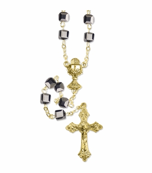 4.5mm Square Hematite Beads Rosary with Gold Plated Crucifix and Chalice Center