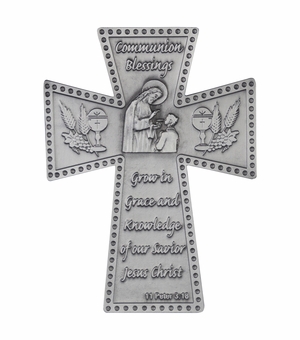 4-7/8 Inch Antiqued Pewter First Communion Boy Wall Cross
